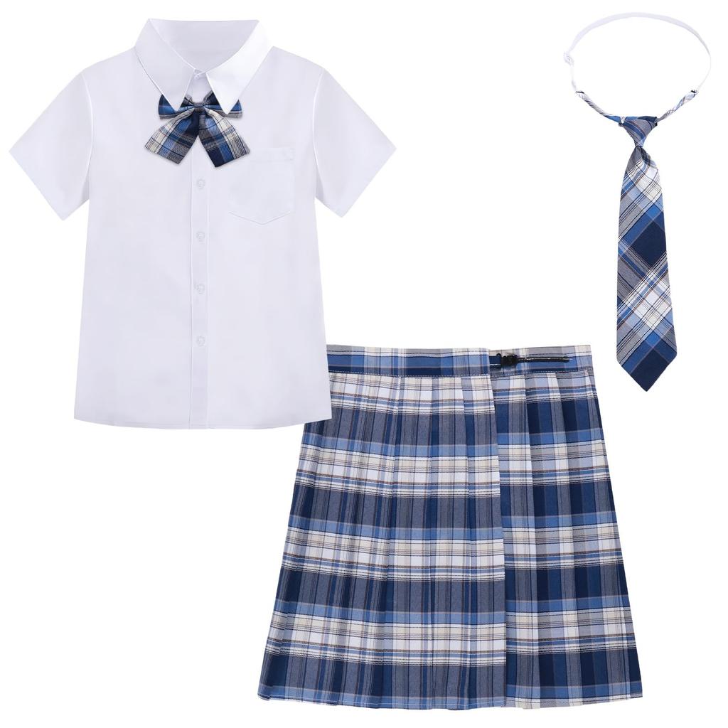 Sailor Uniform Set with Pleated Skirt and Checkered Skirt for High School Halloween Short Long and 4-Piece Girls, Costume, Sleeves, Sleeves, Shirt,