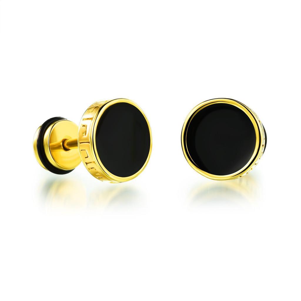 2026 Men's Titanium Steel Stud Earrings, Golden Great Wall Paper Pattern Flat Round Cake Type, Glue Stud Earrings