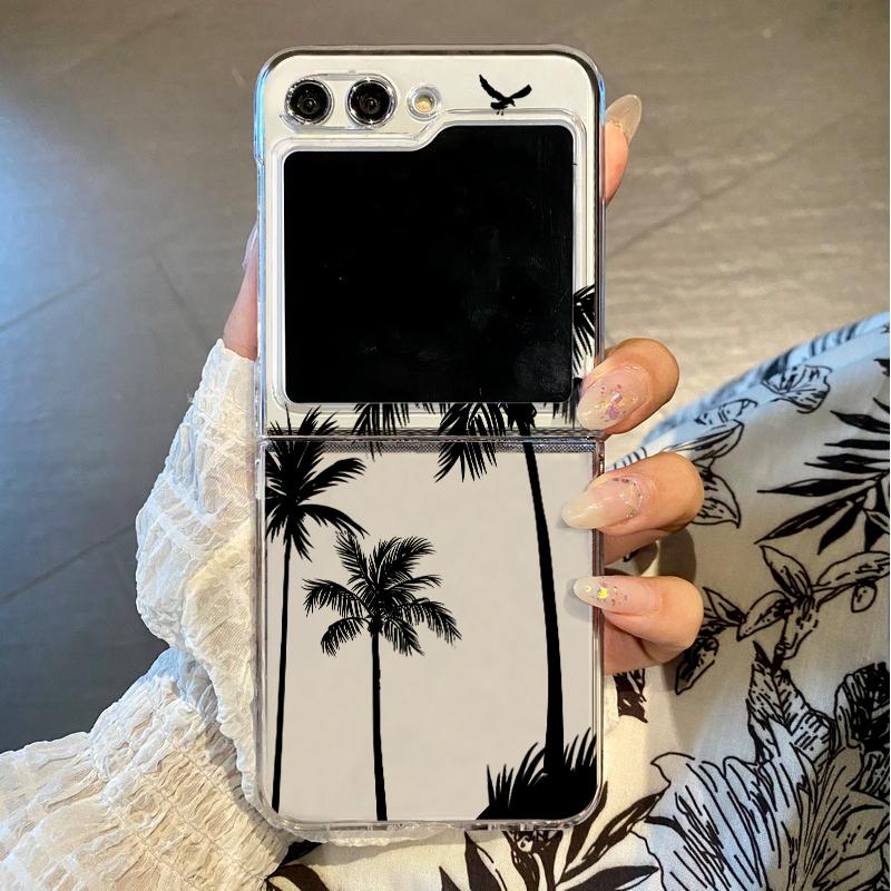 Coconut Tree Printed Clear Case For Samsung Galaxy Z Flip7 Flip6 Flip5 Hard Folding Phone Cover For Samsung Z Flip 7 6 5 4 3 5G