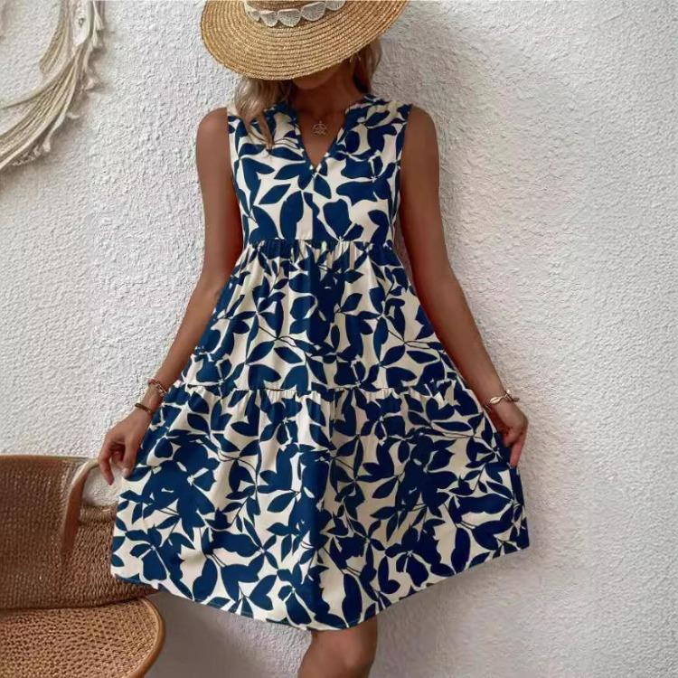 Sommermode Böhmisch Bedrucktes Plisseekleid Damen Locker V-Ausschnitt Lässig