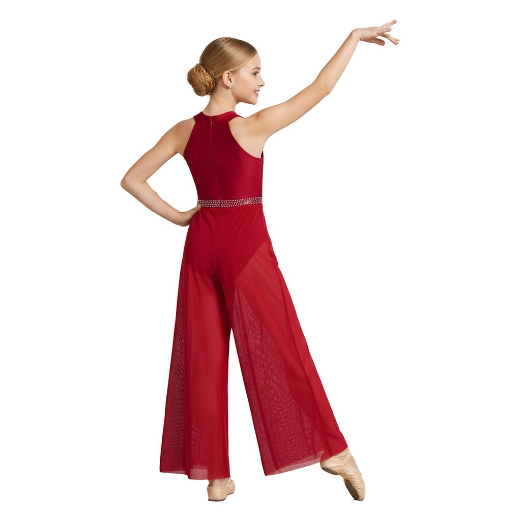 Tuta da Danza Lirica da Bambina Senza Maniche Zip Invisibile sul Retro Rete Lucida con Strass e Ruches Body