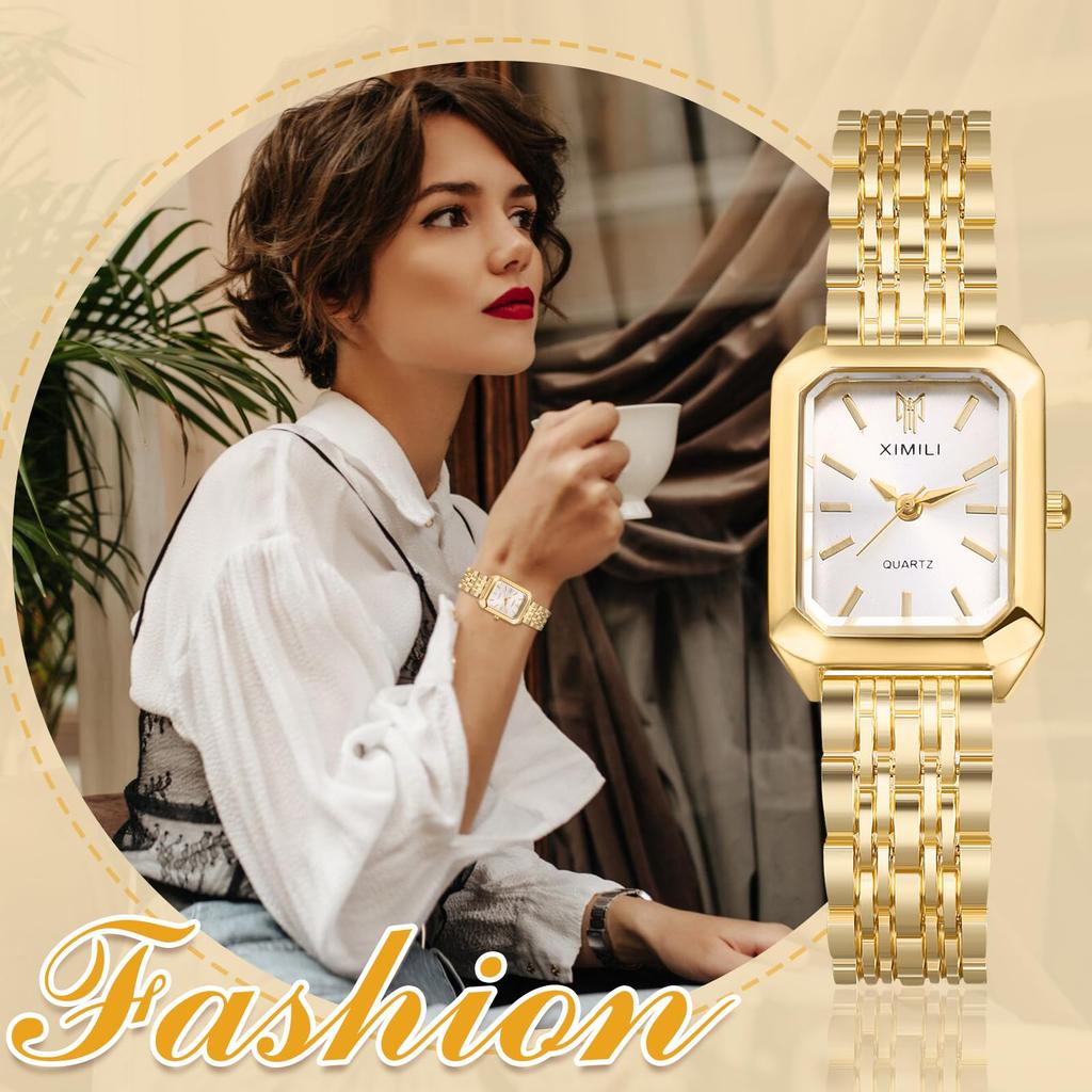 Square Bar Stainless Reverse Rotation Birthday Gold Women's Wristwatch, Waterproof, Dial Index, Simple, Quartz, Steel, Adjustable, Prevention,