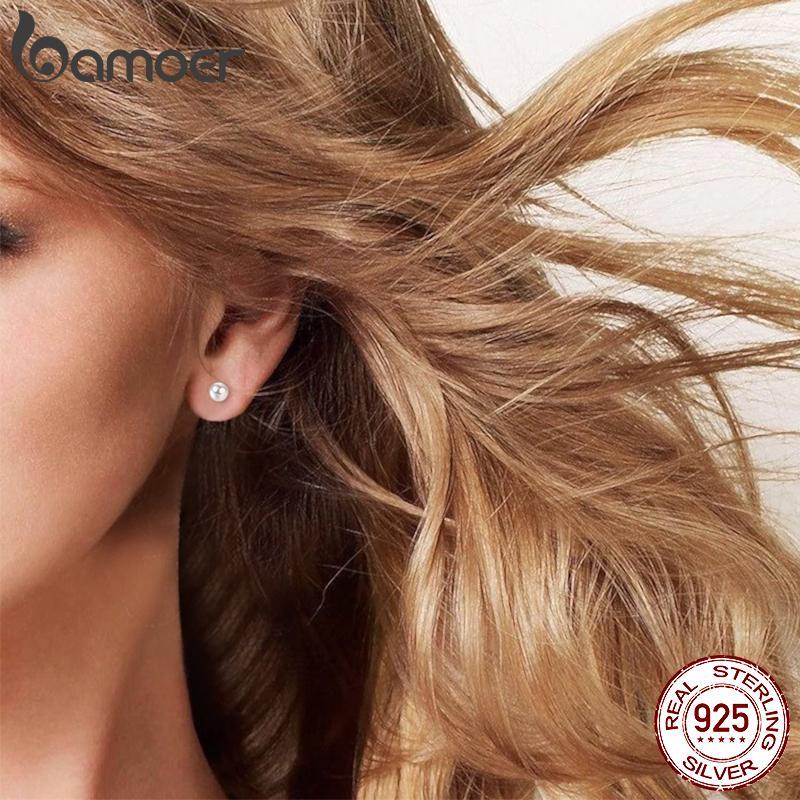 BAMOER 925 Silver Charm Pearl Beads Stud Earrings For Women Trendy Mini Ball Earrings Fine Jewelry for Daily Wear