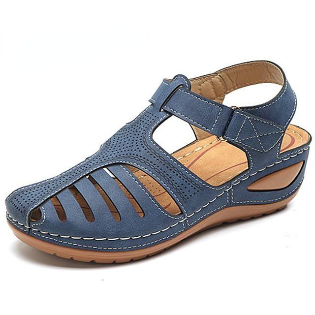 Woman Solid Color Vintage Wedge Sandals Ladies Platform Hollow Out Buckle Shoes Footwear