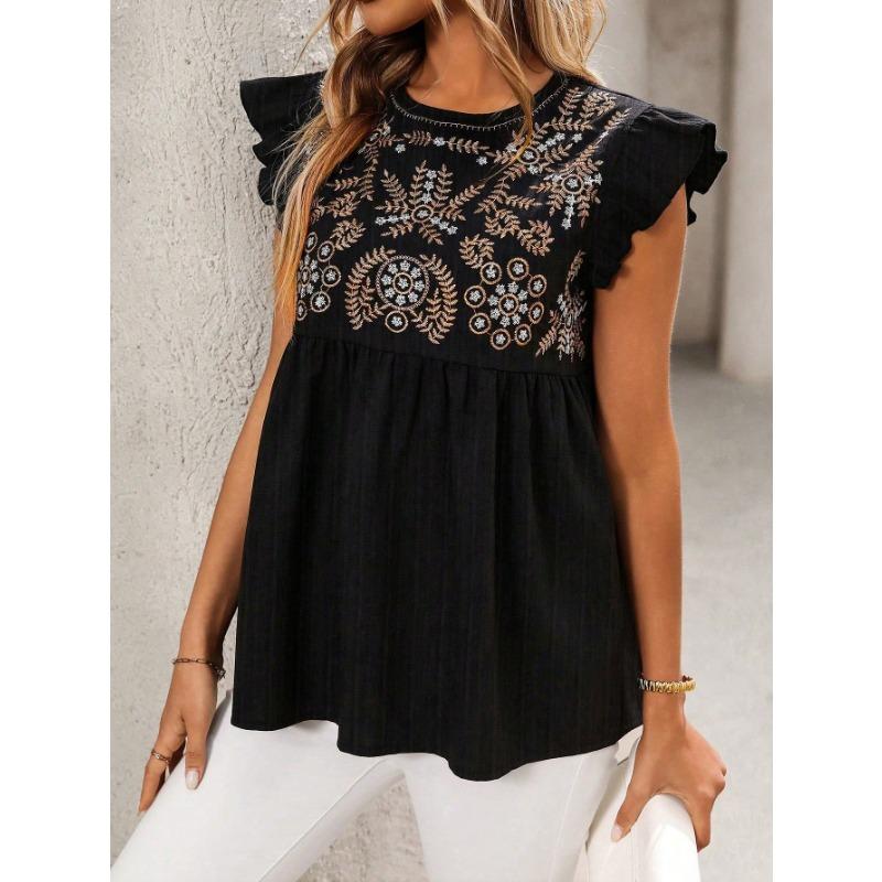 

Женская новая этническая вышивка с положительным плечом, рукав-крылышко, модная повседневная короткая рубашка-блузка XXL чёрный