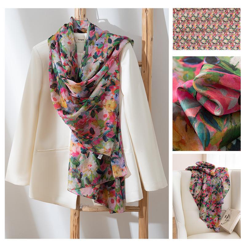 Long Strips of Silk Scarf  High-end Sense Mulberry Silk Scarf  Women's Fresh Small Floral Thin Style  Atmosphere  Big Shawl