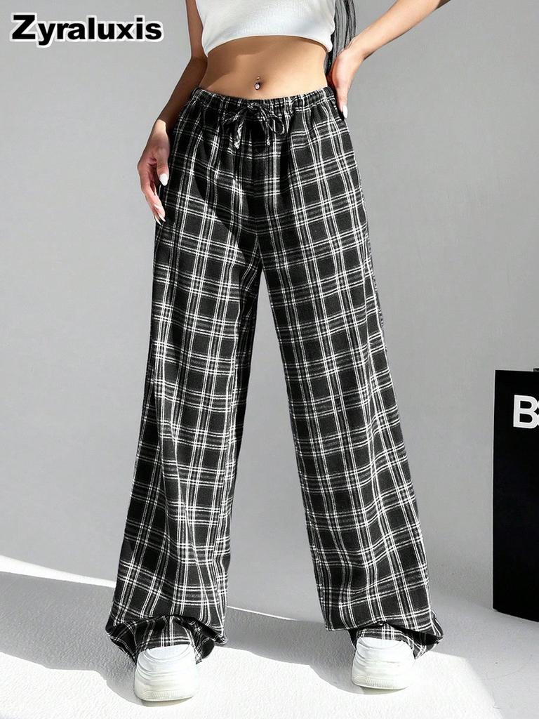 Autumn Winter New Fashion Casual Plaid Wide Leg Pants Women's School Season Christmas Daily Wear Outfit