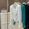 Women's V-Neck Long Sleeve Blouse Ruffle Flounce Chiffon Loose Casual Summer Top