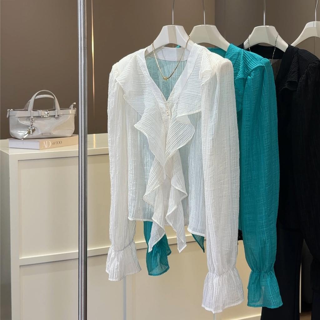 Women's V-Neck Long Sleeve Blouse Ruffle Flounce Chiffon Loose Casual Summer Top