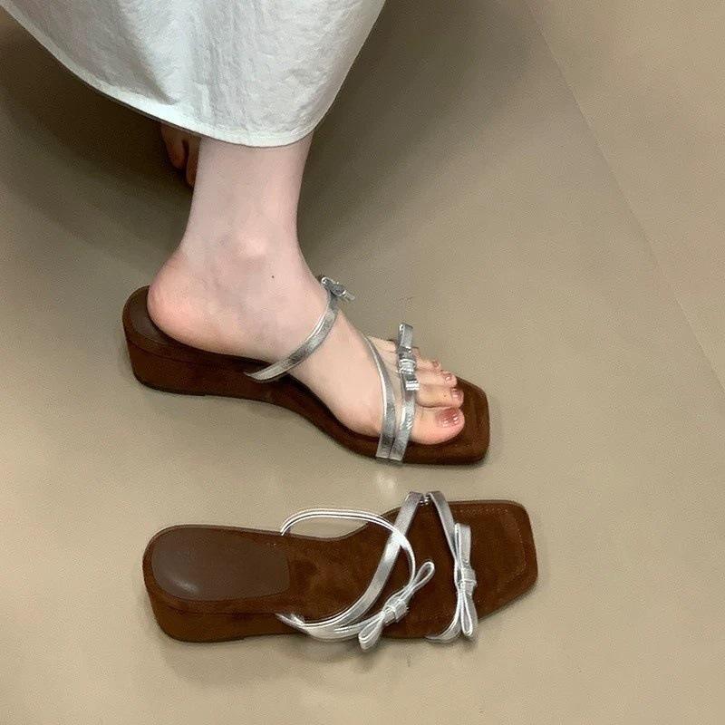 Vintage slope heel cool slippers women's high heel sandals bow square head beach sandals