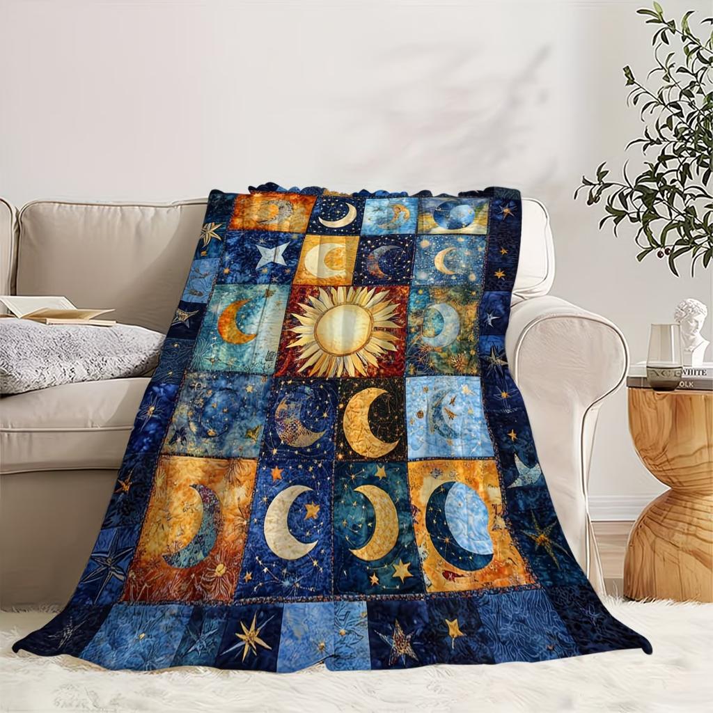 Sun Moon Spliced Flannel Blanket, A Soft and Cozy Blanket Perfect for Napping Travel or Home Decor Gift for Adults All Seasons
