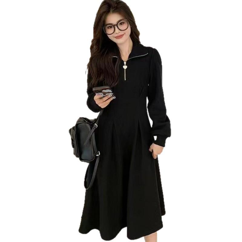 Women's Plus Size Waffle Knit Long Sleeve Dress with Cinched Waist and Polo Collar - New 2025 Spring/Autumn Style