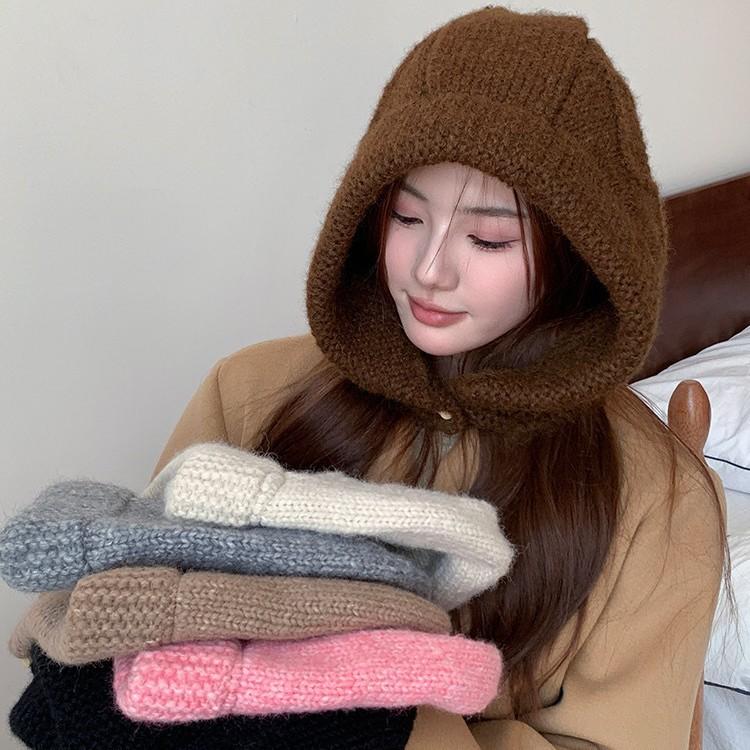 Korean Winter New Version of Balaclava Hat for Women's Warm Thick Crumpled Horn Buckle Ear Protection Head Hat