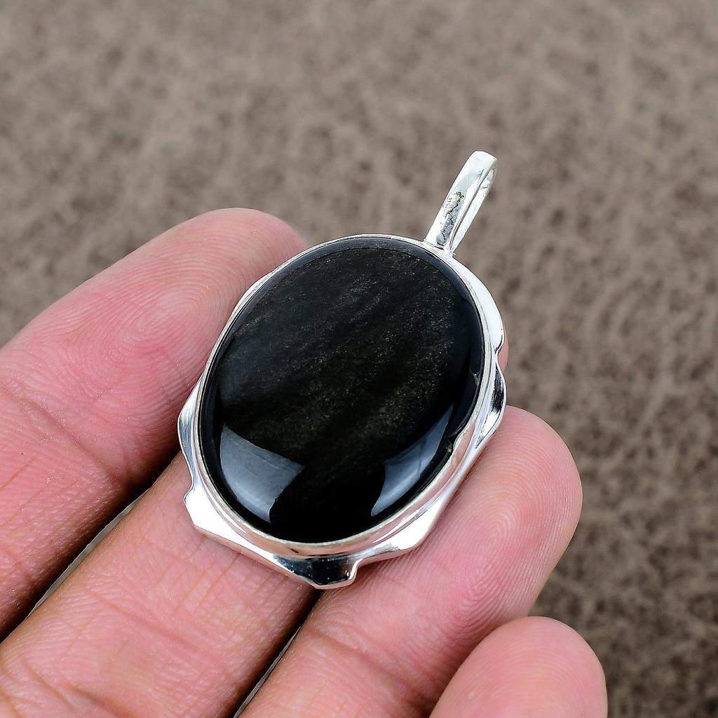 Silversheen Obsidian Gemstone 925 Sterling Silver Jewelry Pendant 1.85" KKG-355
