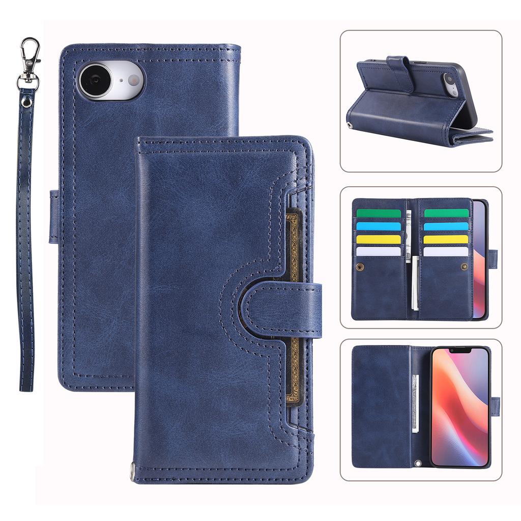 For iPhone 16e Case Split Leather Magnetic Wallet Phone Protector with Wrist Strap