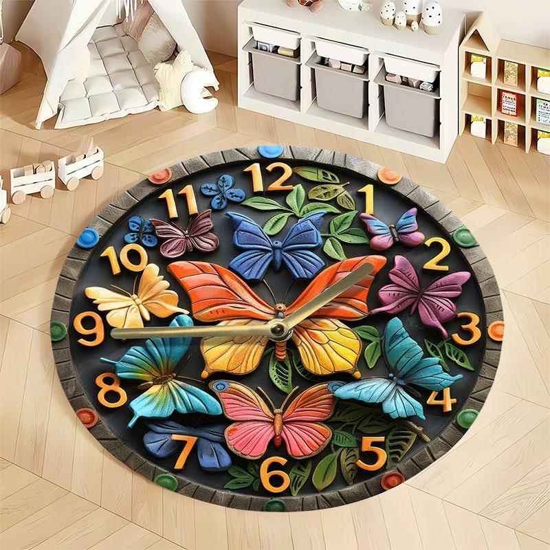 HD butterfly-themed 3D wall clock printed Rug, non-slip decor mat for children's room round carpet for home sofa bedroom, gift