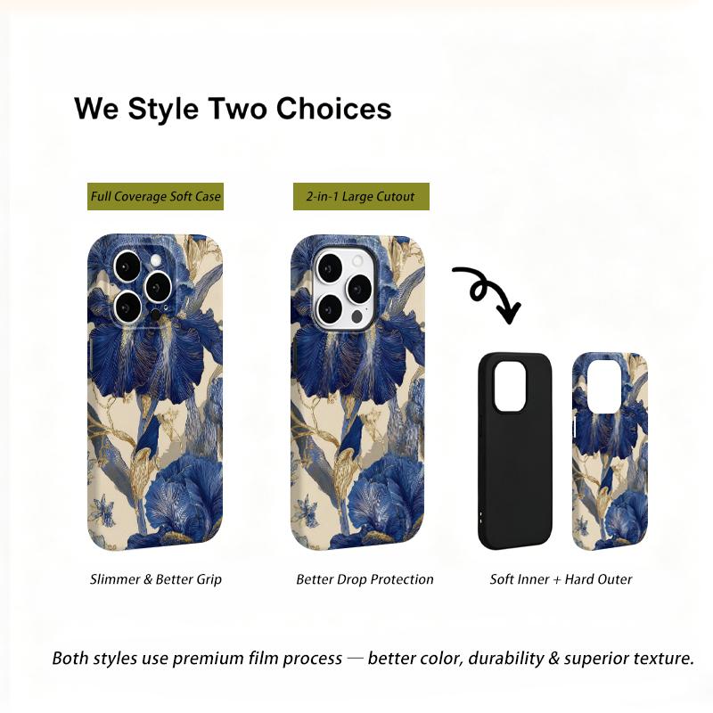 Gilded Iris Blue Gold Luxury Floral Graphic Art Film Aesthetic Protective Shockproof Bumper Phone Case Cover For iPhone 14 15 16 Pro Max Plus
