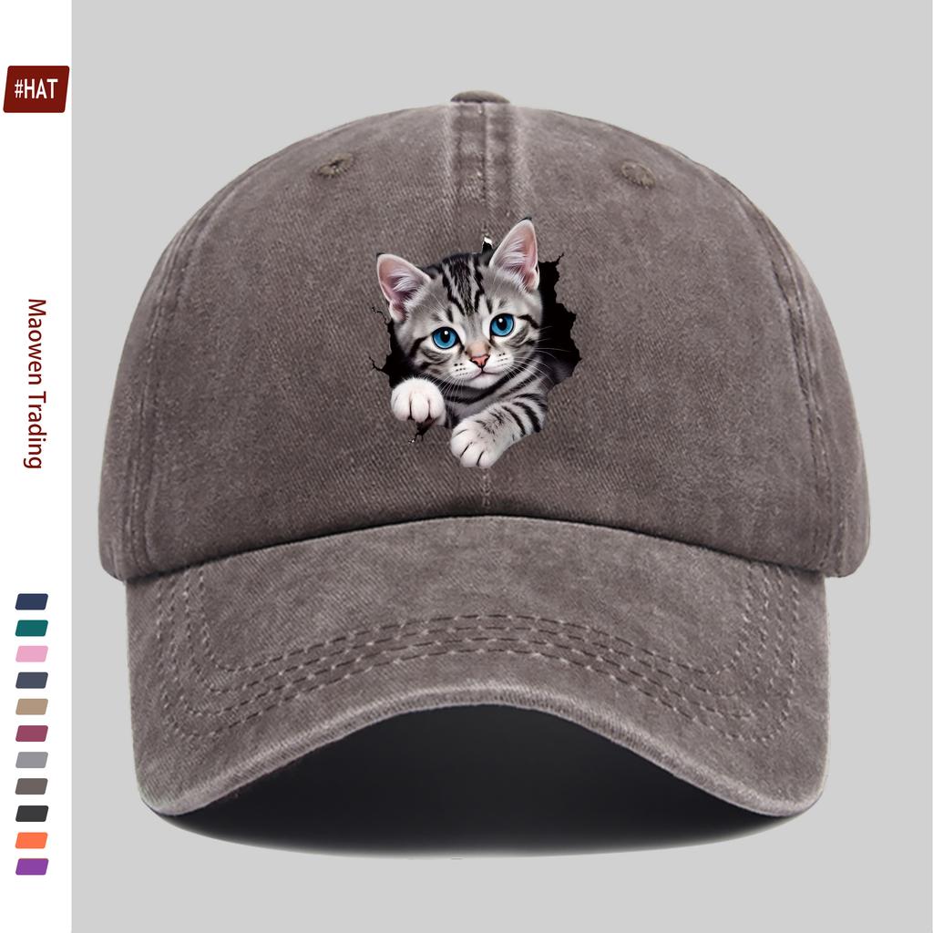 Pc Cute Gray Tabby Kitten Peeking Through Hole BlueEyed Print Baseball Cap with Pet Cat Print Trucker Hat Comfortable Lightw