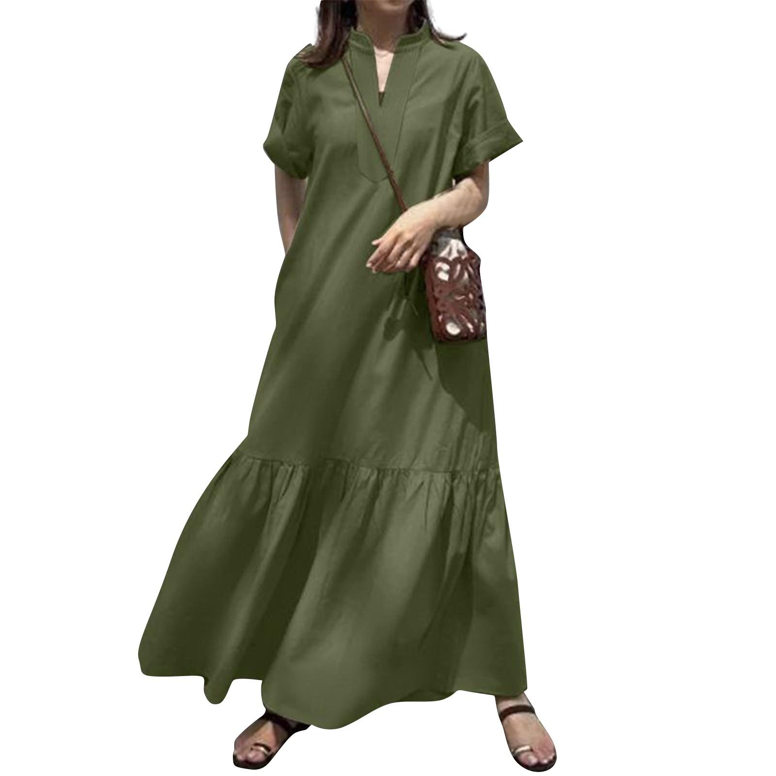 

Women s Dresses Stand Up Short Sleeve V-Neck Placket Casual Loose Fishtail A-Line Long Dresses XXXXXL темно-зелений колір