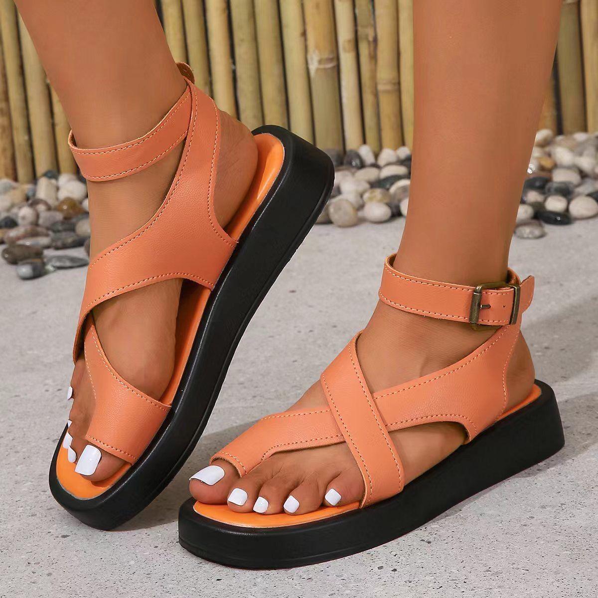 

Flat-soled sandals women s spring and summer new large-size set toe thick-soled casual anklet buckle with beach sandals 43 оранжевый