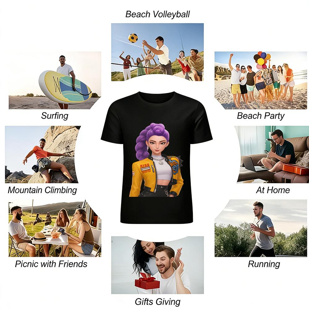 Cyber Style Purple Hair Cool Girl Print Crop Top Trendy Street Style Navel-exposed Bottoming Shirt Pure cotton T-shirt