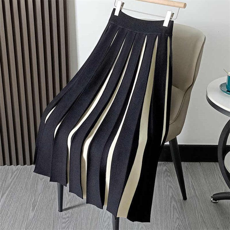 Colorblock Elastic Waist Womens Skirts Contrast Color Skirts Solid Streetwear A Line Midi Skirt