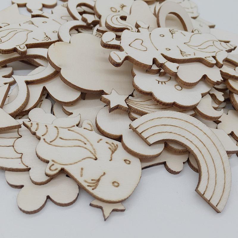 30pcs/lot Fairy Tales Theme Unfinished Wood Cutouts for Women Crown Princess Diamond Unicorn Butterfly Shape Wooden Crafts Decor