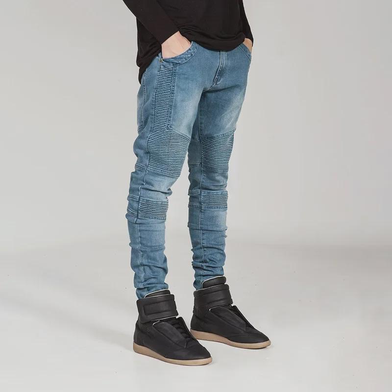 Trendy Slim-Fit Biker Jeans – Stylish Motorcycle Pants with Wrinkled Design for Cross-Border Fashion Enthusiasts