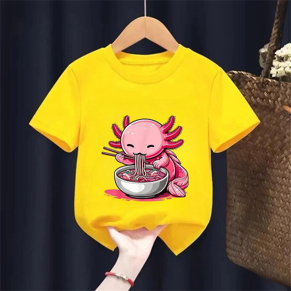 Anime Kawaii Axolotl Eating Ramen Noodles Kids Teen Girl Boy TShirt Cute Artwork Axolotl Lover Graphic Top Japanese Cartoon Tee