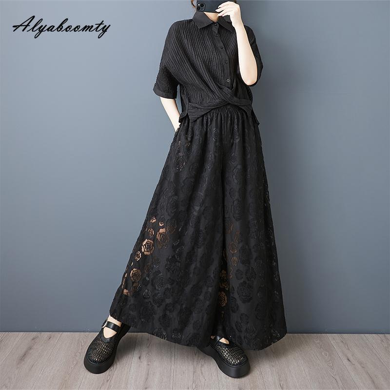 Korean Fashion Plus Size Spring Summer Women Wide Leg Pants Elastic Waist Rose Print Mesh Baggy Capris Casual Loose Black Lace Trousers