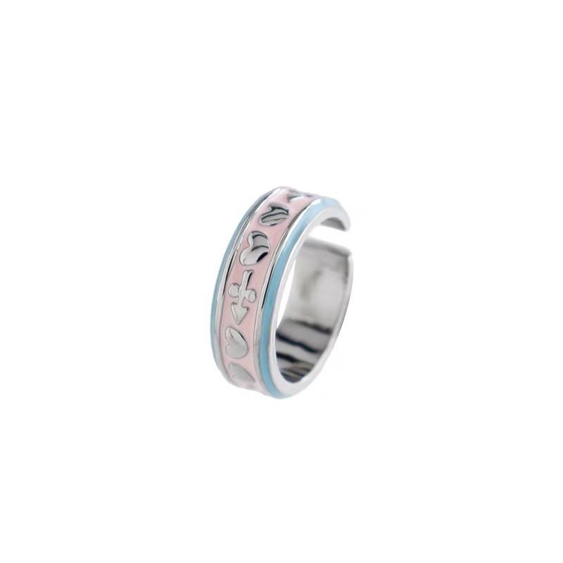 Heart Shaped Enamel Open Ring With Cubic Zirconia For Women And Men PinkBlue