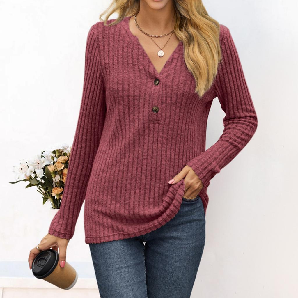 Women's Fashion Solid Color Long Sleeve Button Pullover V Neck Casual Loose Tops