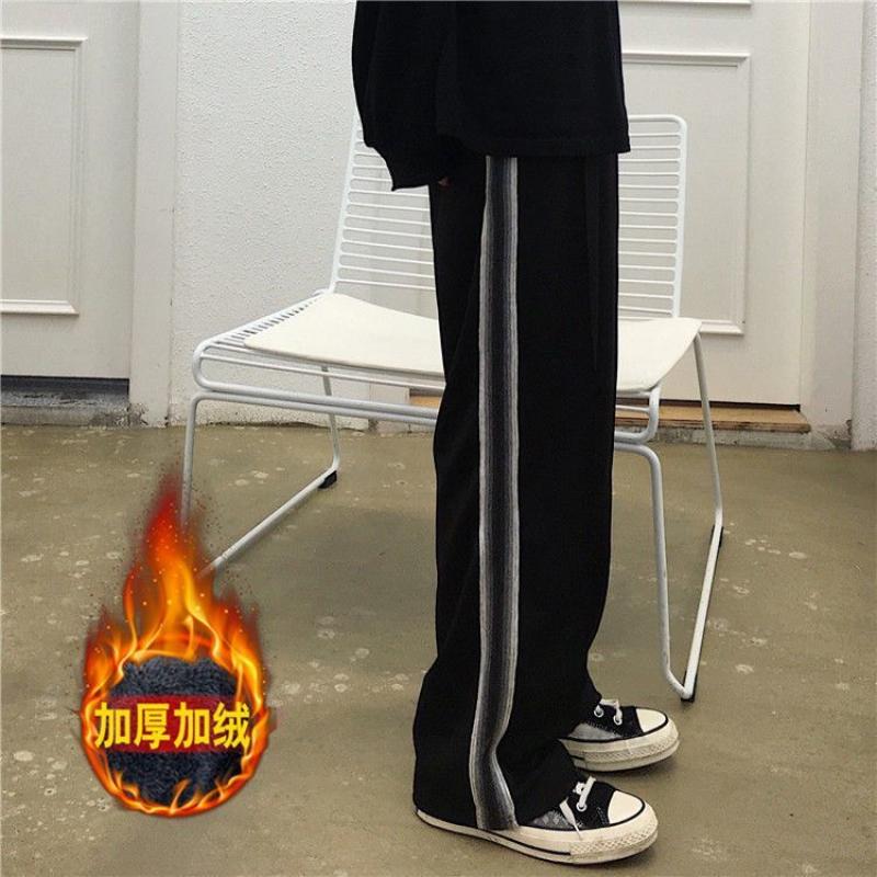 

Женские прямые повседневные брюки, зимние шикарные студенческие полосатые брюки с высокой талией, модные свободные тонкие спортивные штаны большого размера 2XL чёрный