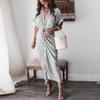 Fashion Women Elegant Turn Down Collar Shirt Dress Summer Short Sleeve with Slit Party Office Ladies Dresses
