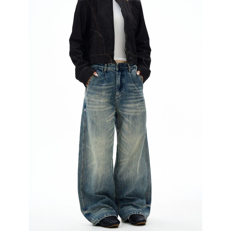 Kisko American Retro Double-Pleated Washed Whiskered Commuter Jeans Unisex Trendy Brand Cleanfit Loose Pants