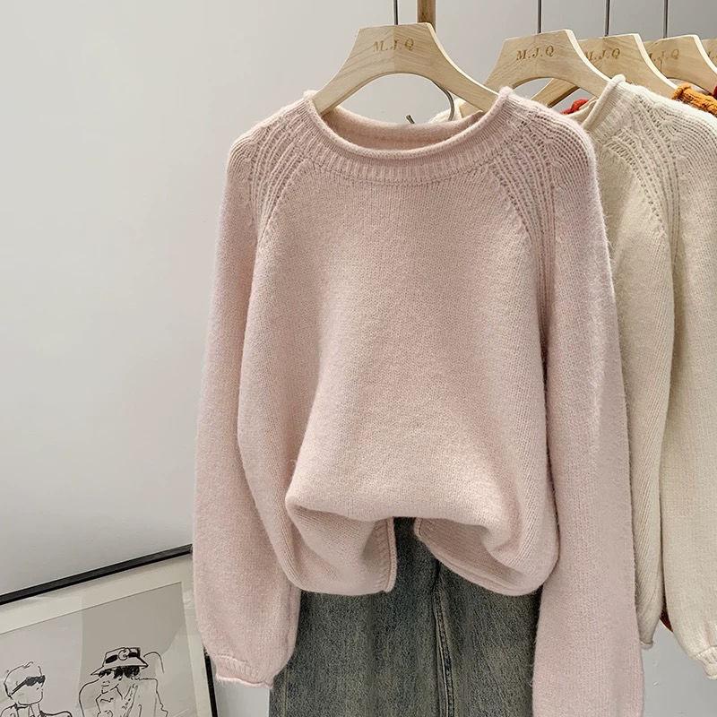 Women's Autumn & Winter Lazy Style Pink Sweater Loose Knit Top Soft Versatile Pullover Crew Neck