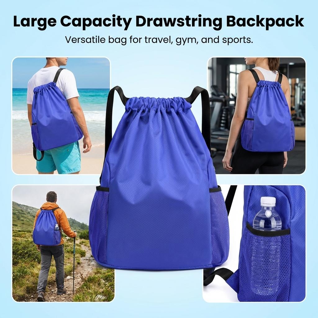 Drawstring Backpack Large Capacity Water Resistant Nylon Gym Bag for Travel and Sports Lightweight Sack for Men Women