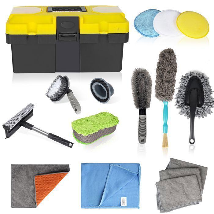Kit de Nettoyage de Voiture 16PCS, Professionnel Microfibre Lavage Voiture Nettoyer Kit, Brosse de Roue et de Jante, Chiffons de Net