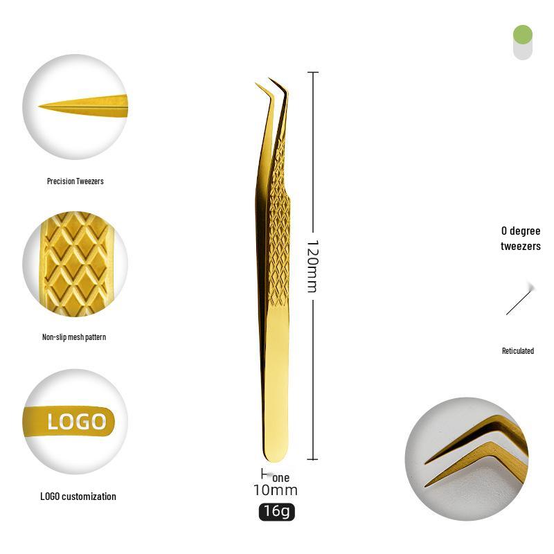 Golden Feather Stainless Steel Eyelash Tweezers for Grafting and Extensions