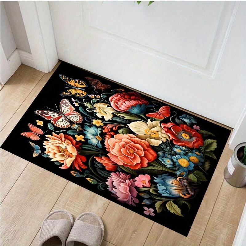 Crystal Velvet Floral Pattern Carpet, Non-Slip Floor Mat with Vibrant Flower Design, Machine Washable Polyester Rug for