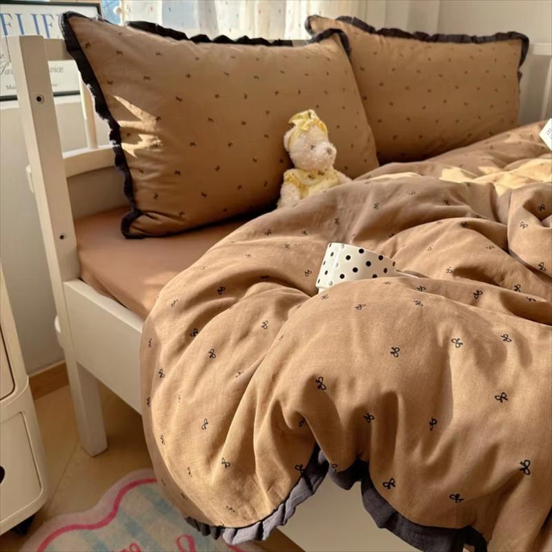 French Style Lace Bedding Set 3/4PCS - Wash Cotton Duvet Cover & Pillowcases Soft Breathable Active Printing for Home Bedding