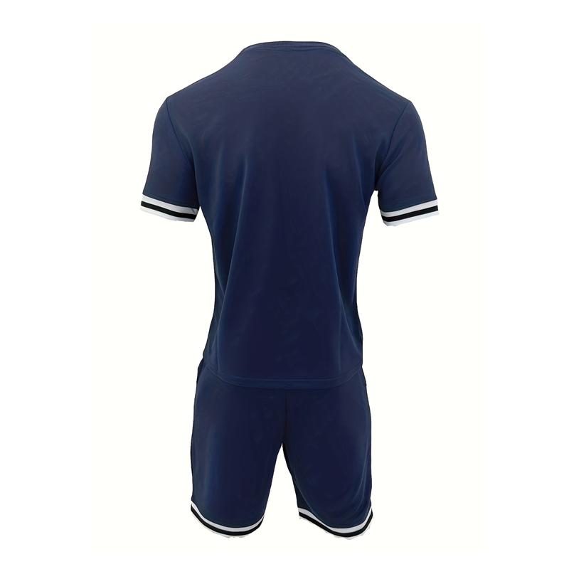 New Summer Men's Minimalist Striped Printed Comfortable and Breathable Round Neck T-shirt Shorts Set for Outdoor Casual Wear
