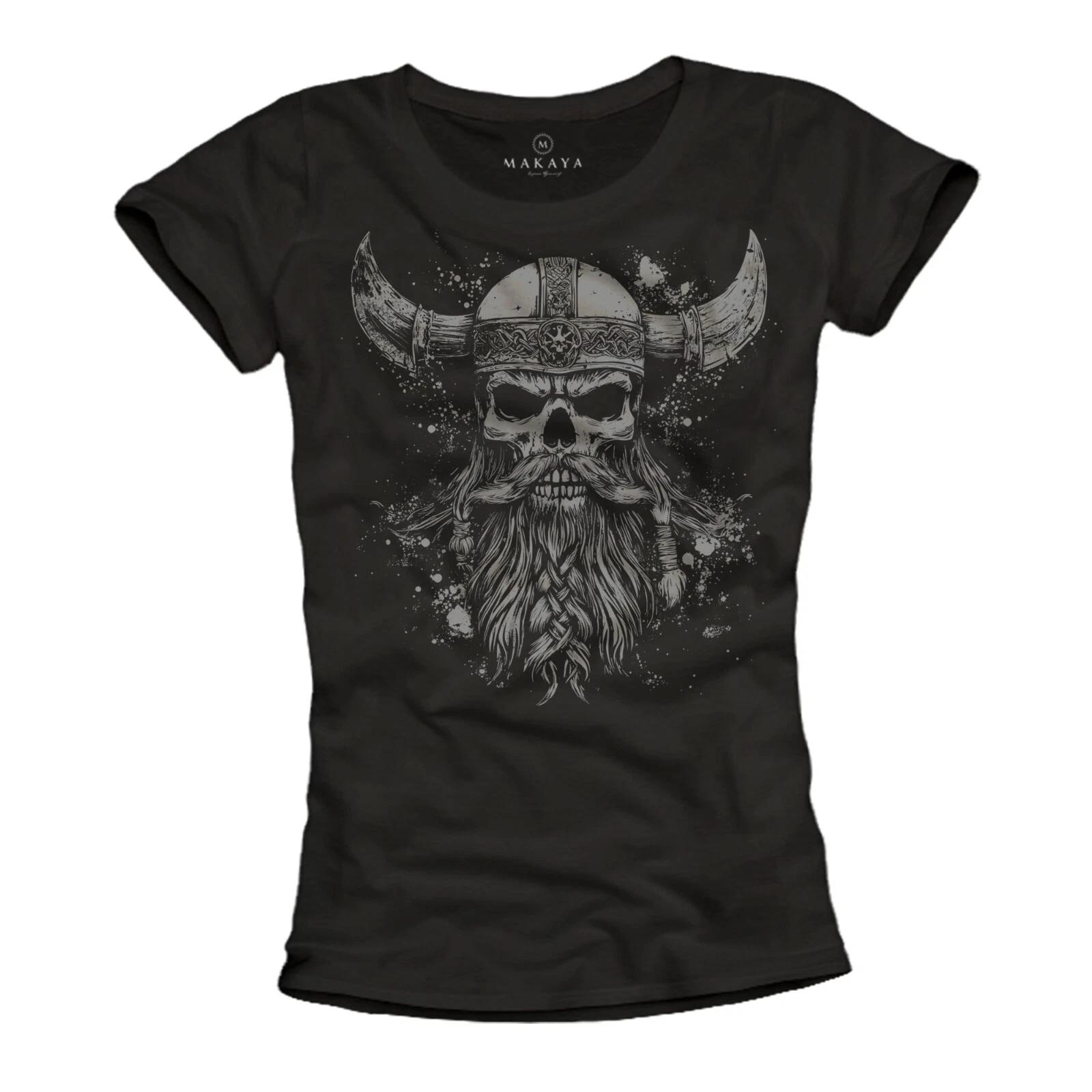 Women s shirt man with beard Viking motif skull Viking print short sleeve top cool- L