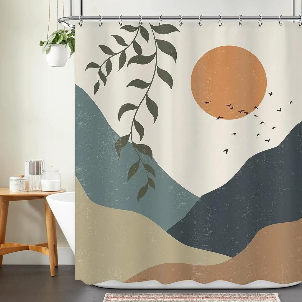 Abstract Bohemian Shower Curtain Medieval Arch Sun Leaf Modern Minimalist Aesthetic Line Geometric Decorative Shower Curtain