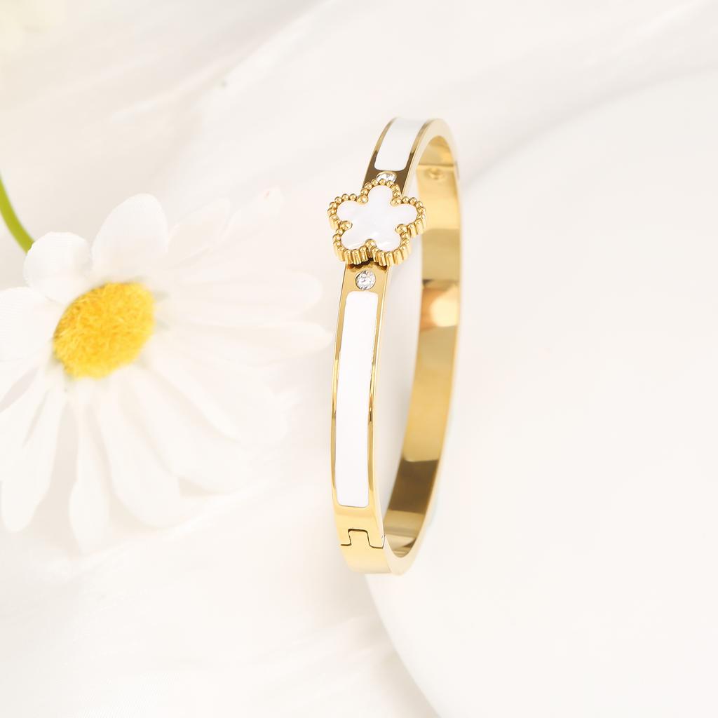 6 Colors Classic Luxury Stainless Steel Five Leaf Flower Open Bangle Simple for Woman Girl Party Trend Enamel Zircon  Clover