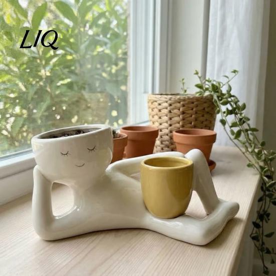 Shop Window Plant Decor Lazy Guy Planter, Little Character Flowerpot Ornament, Creative Lying Holder Humanoid Double Pot Planter for Succulents