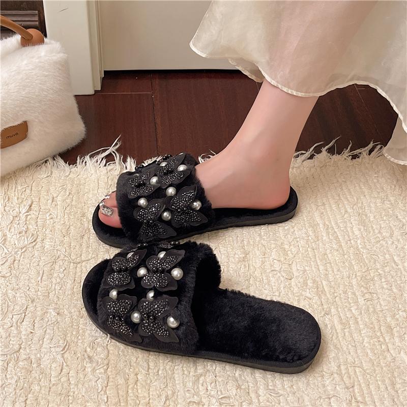 Modne Kapcie Damskie Codzienne Płaskie Niskie Obcasy Krótkie Pluszowe Futro Damskie Buty Wsuwane Sznurowane Koralik Perła Zimowe Buty Duży Rozmiar