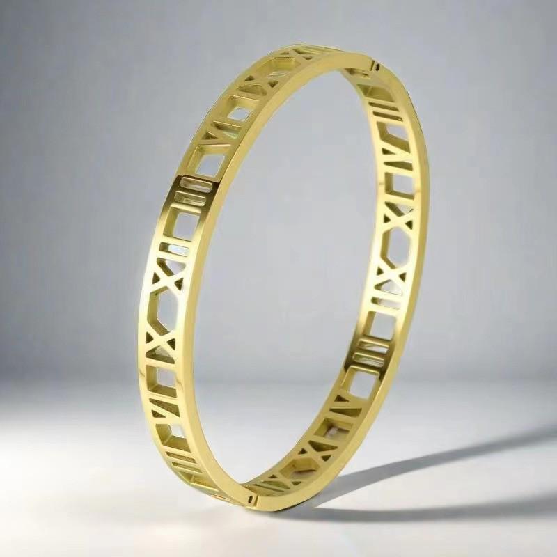 European & American Titanium Steel Hollow Electroplated Bangle with Diamonds - Versatile Stainless Steel Women's Fashion Jewelry