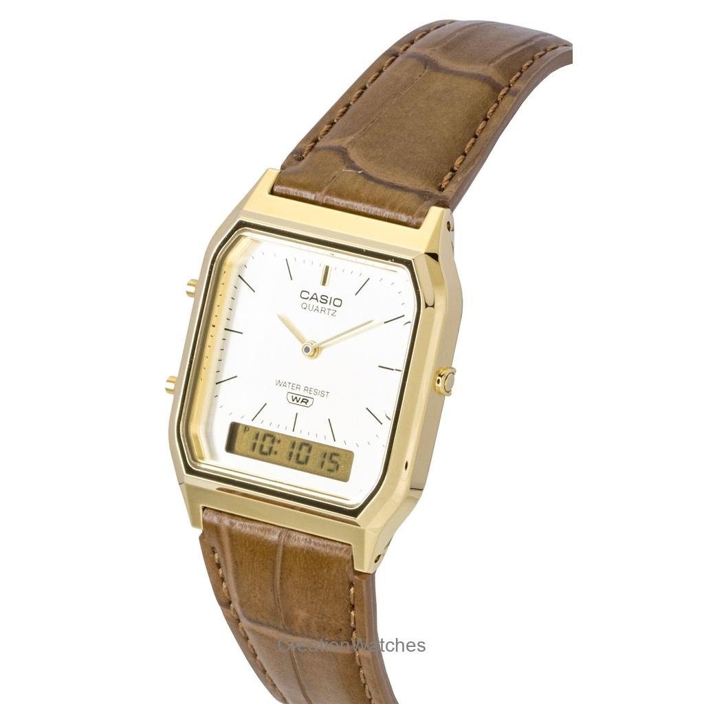 Casio Vintage Analog Digital Leather Strap Gold Dial Quartz AQ-230EGL-9A Unisex Watch