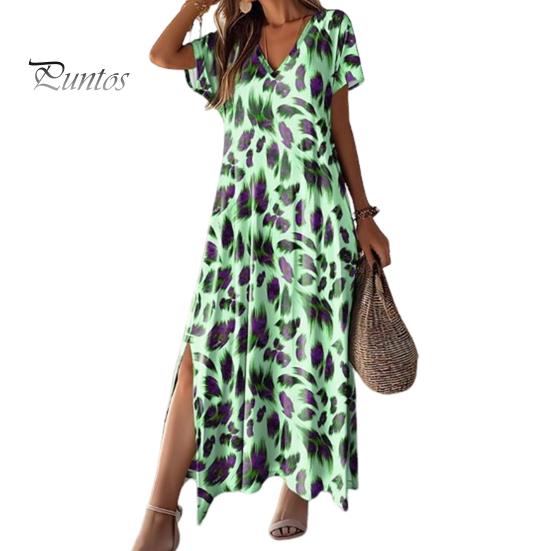 Women Dress V Neck Contrast Color Printed Short Sleeve Split Hem Loose Ankle Length Casual Soft Breathable Vacation Beach Maxi Dress